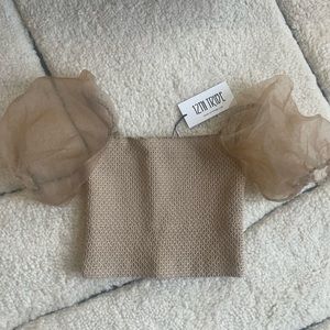 12th the Tribe | NWT Tan Cropped Top with Puffer Sleeves